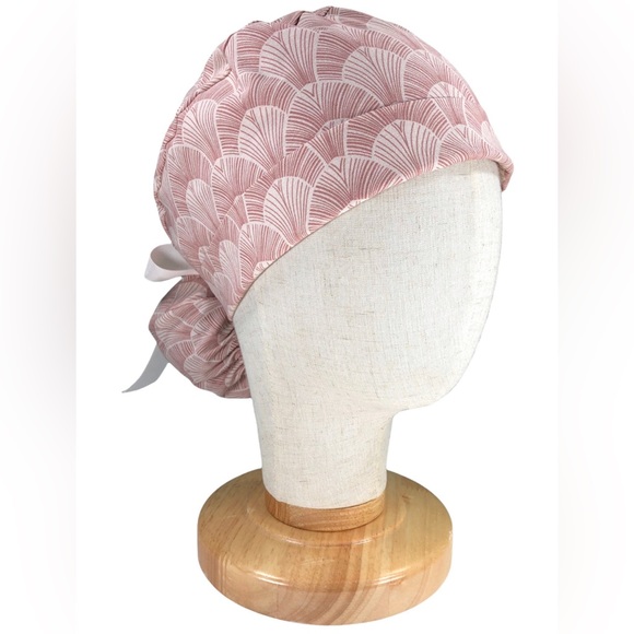 Nursing Scrub Cap with Ribbon Ponytail - Pink White Arches - Picture 2 of 4